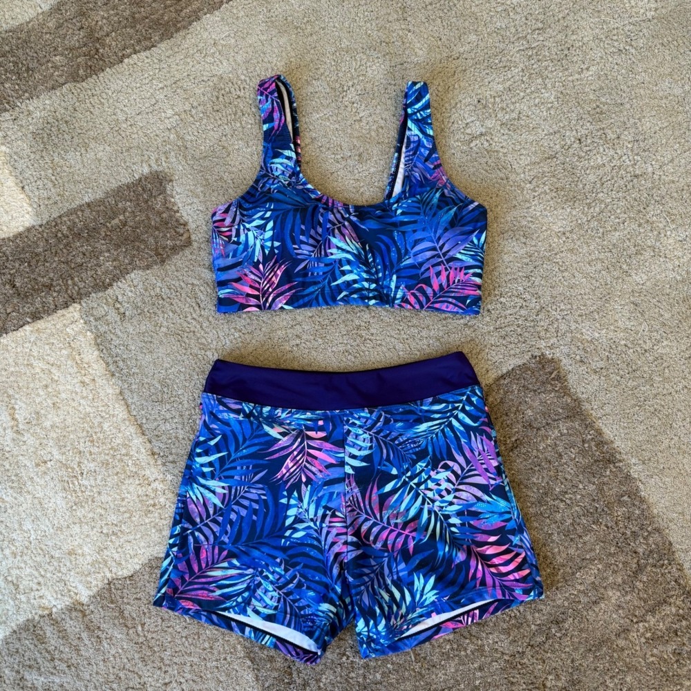 Holipick Women 3 Piece Rash Guard Swimsuit Set Tropical Palm Print Blue Purple S - Picture 2 of 12